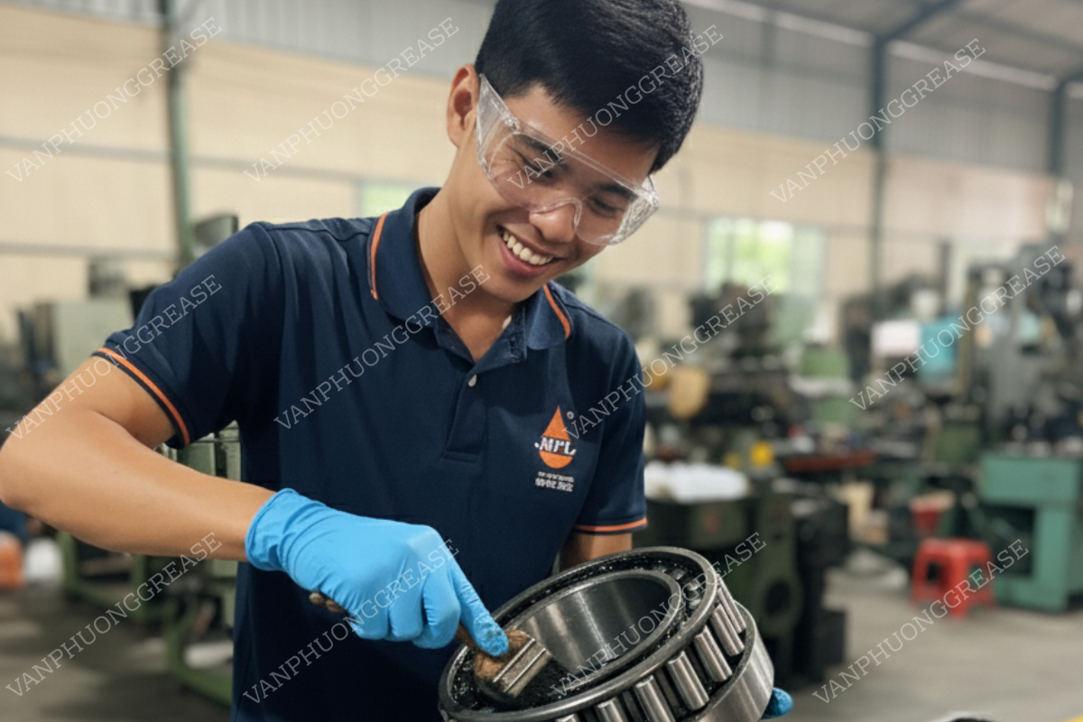 mỡ bôi trơn cao cấp tại TPHCM Kỹ thuật viên thực hiện quy trình tra mỡ bôi trơn cao cấp đúng chuẩn tại một nhà máy ở TPHCM.